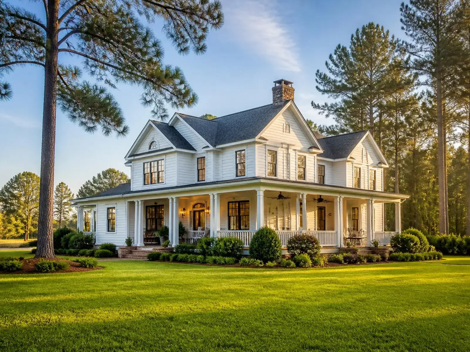 A charming white farmhouse with a wraparound porch in Central Georgia
